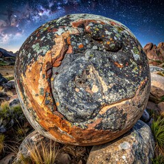 A large, colorful spherical rock rests beneath a starry night sky