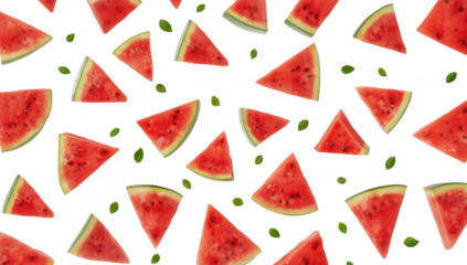 Watermelon Slices Pattern on Black Background, Fresh Fruit and Leaves, Summer Theme, Stock Media