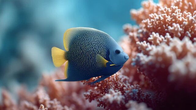 Vibrant angelfish swimming gracefully near colorful coral reef, displaying yellow tail and fins against clear blue underwater seascape, revealing marine ecosystem's natural beauty