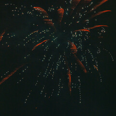 Spektakularny nocny pokaz fajerwerków na ciemnym niebie z wielobarwnymi smugami. © Pol Badger