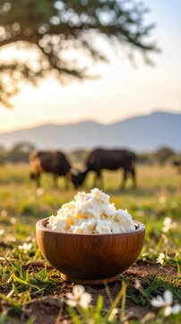 Shea butter in wooden bowl on grassland with grazing livestock in African savanna against background of setting sun
