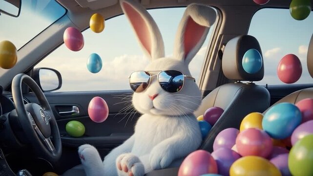 Easter Bunny on a Scenic Drive: A cool Easter bunny wearing sunglasses, joyfully occupies the driver's seat of a car, surrounded by vibrant Easter eggs floating through the air.