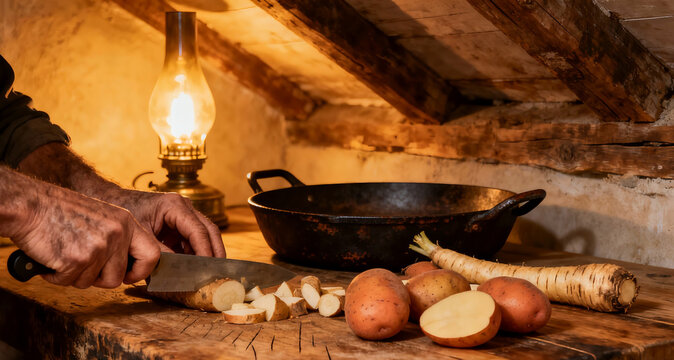 Rustic farmhouse kitchen style, weathered hands chopping root vegetables.