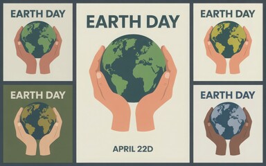 A collage of posters celebrating earth day on april 22nd, showing hands holding a globe