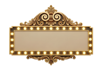 Golden ornate marquee sign with lights on isolated transparent background
