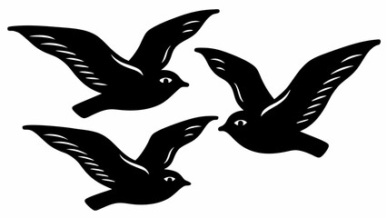 Fototapeta premium Three black birds flying in formation against white background