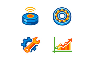 Four glowing icons representing technology and progress on a dark background