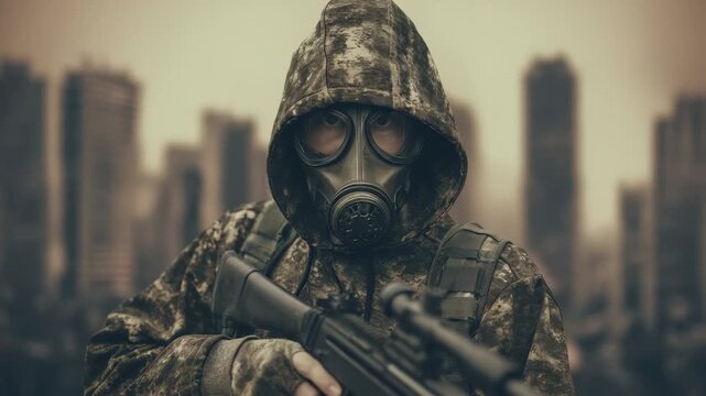 Soldier in camouflage and gas mask holds rifle standing against blurred post apocalyptic city skyline