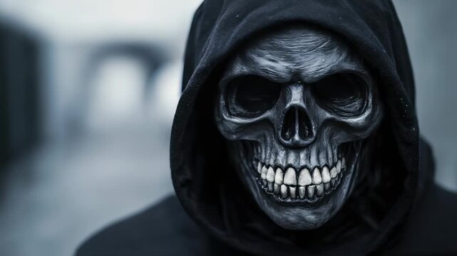 Close up of  frightening black skull mask with prominent teeth wearing  dark hooded robe