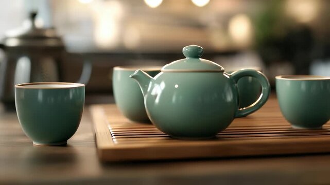 Close up of  small teal ceramic teapot and matching cups on  wooden tea tray