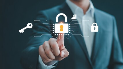 Business person touching Ai icon to fix security vulnerabilities and unlocked key.