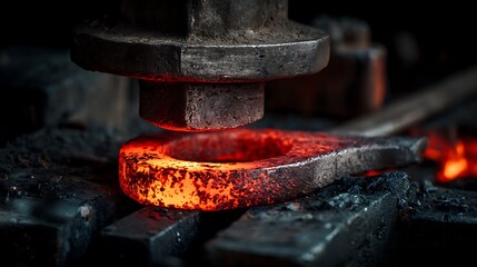 Close up of hot metal forging process in factory.