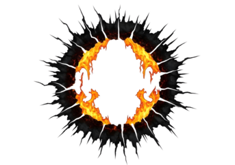 Flaming black hole with orange fire and smoke isolated on transparent background
