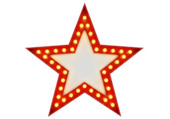 Red star shaped marquee sign with yellow lights on transparent background