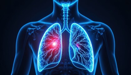 Illuminated Human Lungs with Highlighted Infection Areas, Blue Medical Illustration