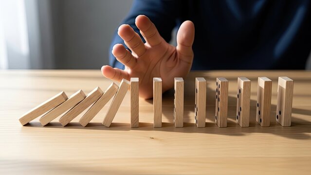 Hand stopping domino effect on wooden table.