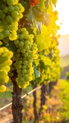 Fototapeta premium A sunlit vineyard row displays ripe green grapes and lush leaves