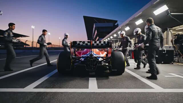 Race car leaving pit stop at sunset, capturing speed and excitement of motorsports event with vibrant lighting and dynamic atmosphere