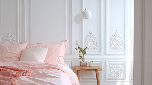 Elegant bedroom interior featuring pale pink bedding against ornate white paneled walls