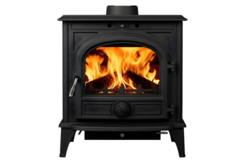 Black wood burning stove with fire isolated on transparent background