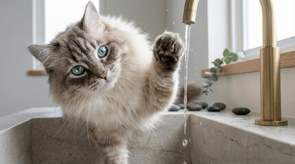 Cat reaching up to faucet while playing with water in sink  
