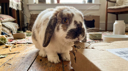 Cute rabbit sitting on wooden floor in a cozy living room  