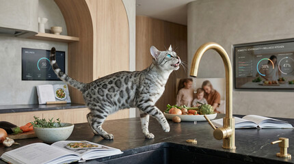 Cat walking on kitchen counter while family prepares meal  