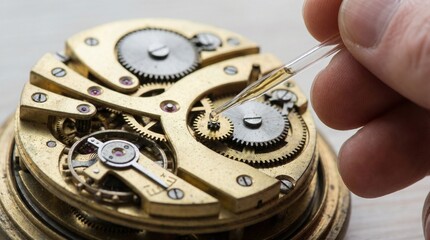 Watchmaker carefully oils intricate gears inside vintage mechanical timepiece movement