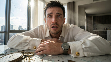 Worried man sitting at table in modern apartment with windows  