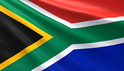 Flat digital rendering of South Africa’s national flag with six-color design and horizontal green Y-shape dividing black, yellow, red, blue, and white elements. Symbolizes unity and cultural diversity