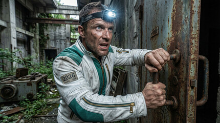 Man with headlamp opening rusted door in abandoned industrial building  