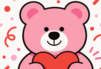 Obraz premium cute pink teddy bear holding red heart surrounded by colorful confetti