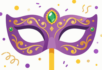 purple mardi gras mask with gold decorations and green gem on festive confetti background