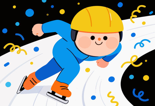 cheerful child in blue outfit ice skating on festive rink with confetti all around
