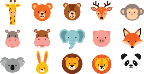 Cartoon animal face icon set, colorful vector illustration for kids, editable design, isolated educational and playful character symbols © Rima Khatun