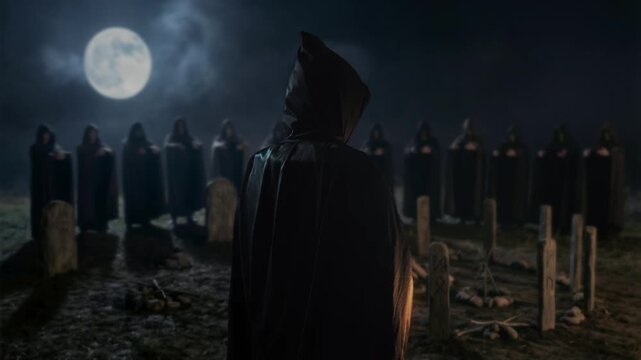 Silent Funeral Scene, Eerie Nocturnal Gathering With Mourners Around Ancient Stone Memorials