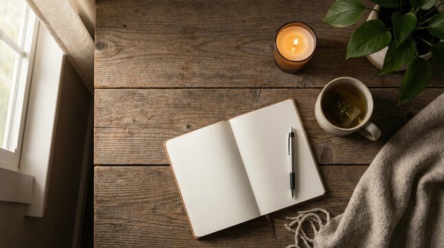 Cozy workspace setup on a wooden desk featuring an open notebook with a pen, a warm candle, a cup of tea, soft sunlight from a window, and a leafy plant for creative productivity