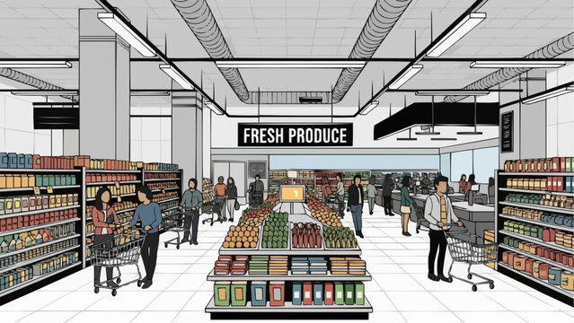 a grocery store with people shopping in the fresh produce and other sections of the supermarket aisle