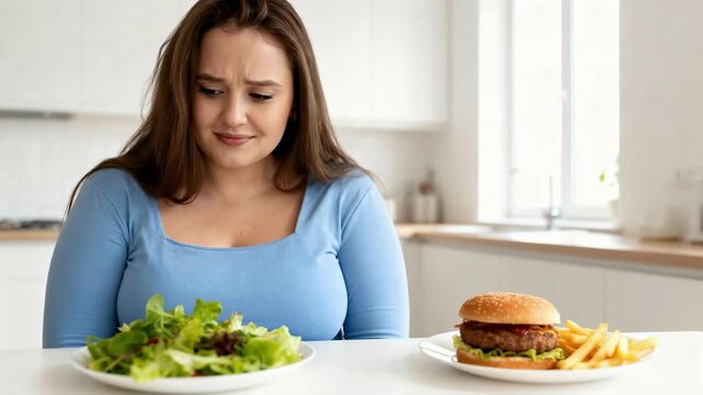 Young woman hesitating between healthy salad and unhealthy burger. Dieting struggle and food temptation concept in a modern kitchen. Female facing weight loss dilemma
