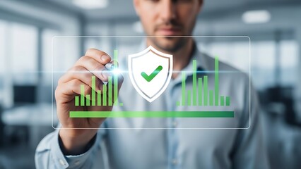Professional Analysis of Financial Data with Shield and Checkmark Icons on Transparent Screen over Growth Bar Chart for Secure Investment