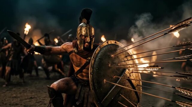 Fierce Spartan warrior screaming in battle while crouching behind a shield pierced by arrows. Ancient Greek soldier fighting at night with fire and smoke background. Cinematic war concept