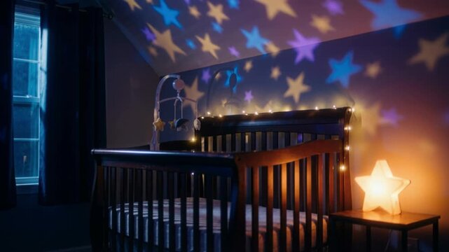 Empty wooden crib in a dark nursery at night. Colorful star projector lights rotating on the ceiling. Cozy baby bedroom with warm night lamp and fairy lights for bedtime sleep concept
