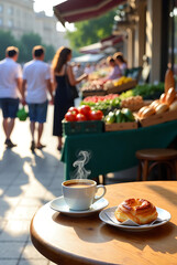 Coffee breakfast in Baku, Azerbaijan. Coffee and bakery. Cappuccino and croissant. 