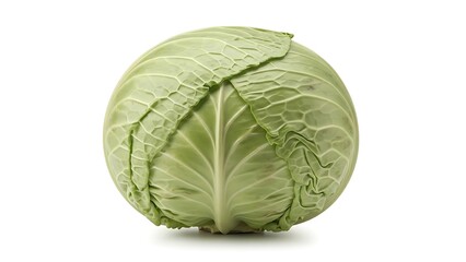 Fototapeta premium Fresh green cabbage head displayed on a plain surface, showcasing its crisp leaves and vibrant color in a close-up view Whisk style