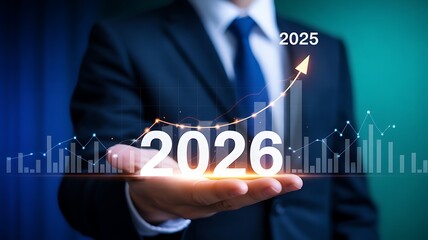 Visionary business growth for 2026 with professional holding glowing text and upward trend lines for future success