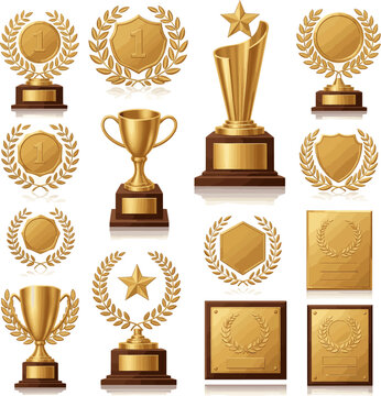 Create a kinds of deferent Golden laurel wreath Trophy, award, champion concept. 3d rendering vector art with white background..