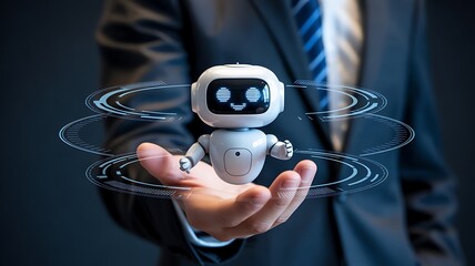 Innovative AI assistant concept with businessman presenting a small floating white robot character with digital HUD elements