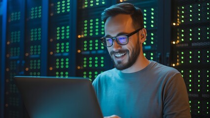 IT technician using laptop to configure servers in a high security database facility with led indicators
