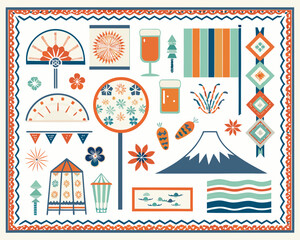 Fototapeta premium Stylized japanese themed pattern with icons of nature and cultural elements