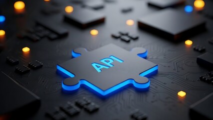 3d Digital representation of API integration concept blue puzzle piece featuring the text "API," symbolizing the critical link in software integration within a dark, complex electronic circuit board